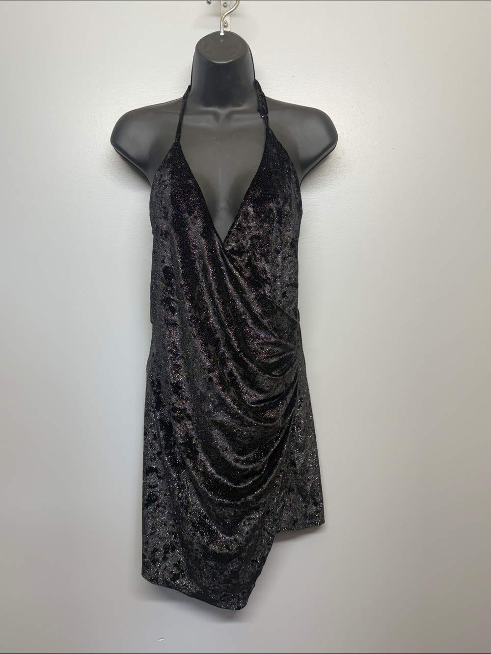 Dress Forum NWT Black Glitter Wrap Asymmetrical Backless Halter Cocktail Dress